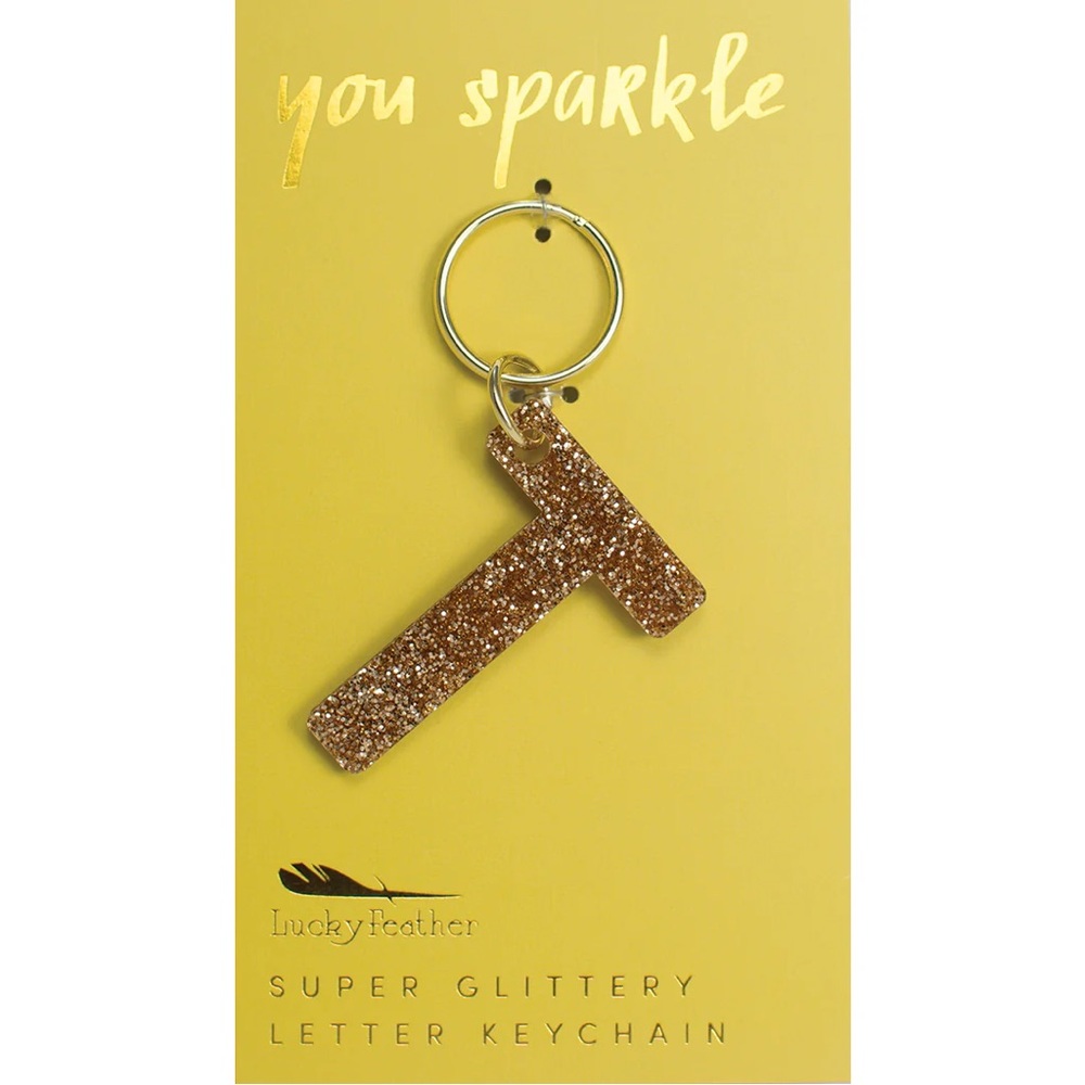 Lucky Feather Glitter Letter Keychain - T